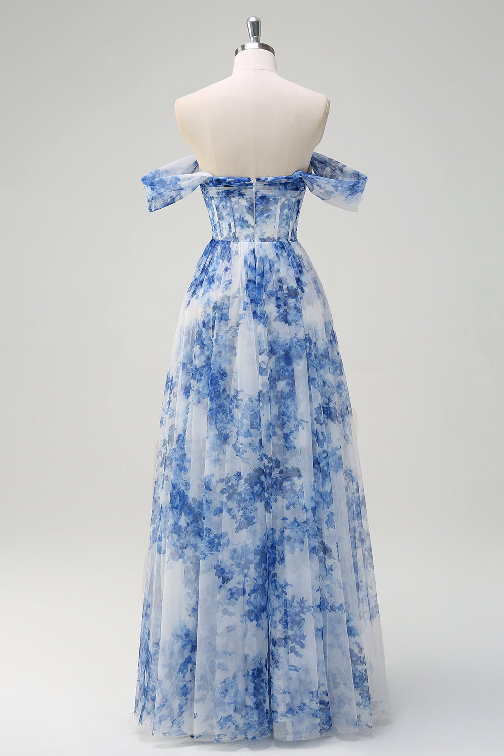 Zapakasa Women White Blue Flower A-Line Bridesmaid Dress Off The Shoulder Corset Wedding Party Dress with Slit Zapakasa Women White Blue Flower A-Line Bridesmaid Dress Off The Shoulder Corset Wedding Party Dress with Slit