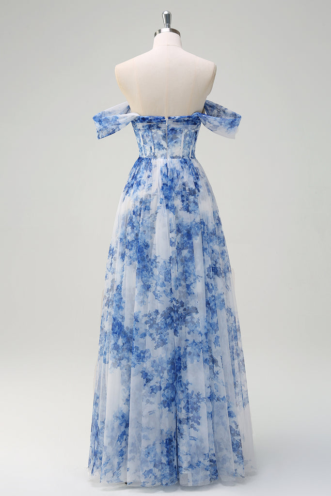 Zapakasa Women White Blue Flower A-Line Bridesmaid Dress Off The