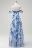 White Blue Flower Off The Shoulder Corset Long Bridesmaid Dress with Slit