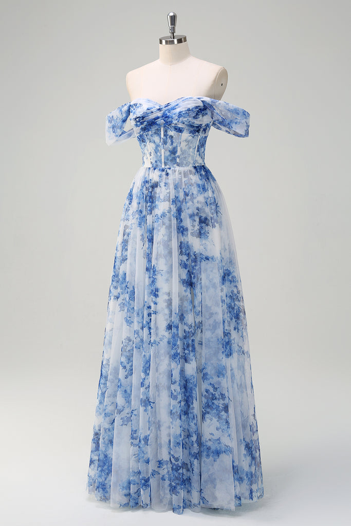 White Blue Floral Off the Shoulder A-Line Bridesmaid Dress with Slit