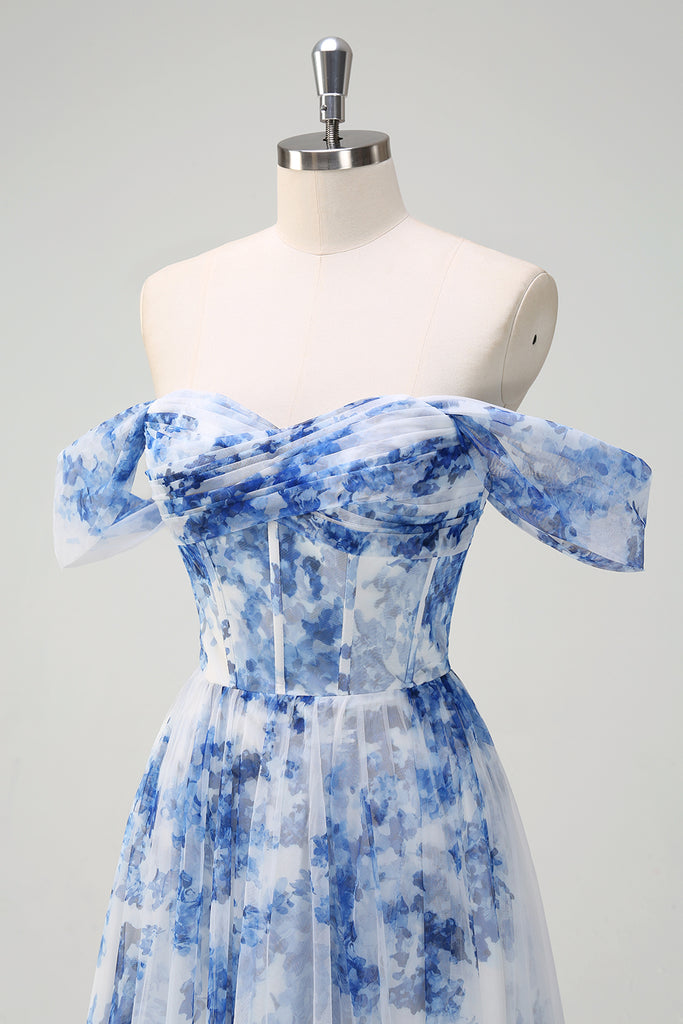 Zapakasa Women White Blue Flower A-Line Bridesmaid Dress Off The