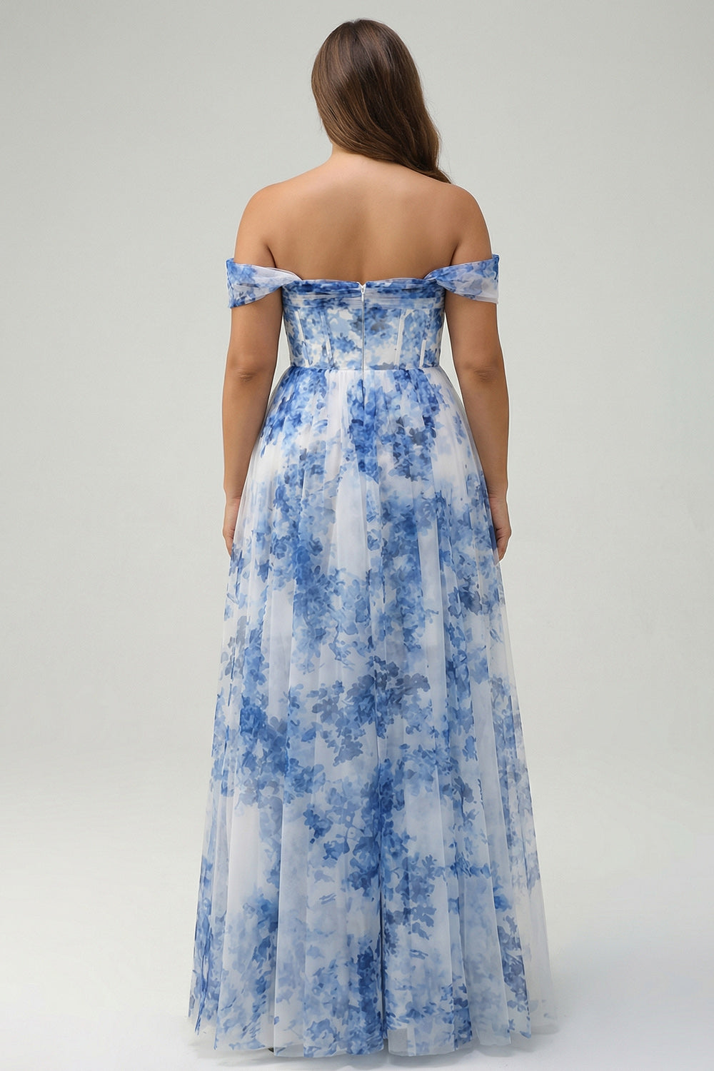 Zapakasa Women White Blue Flower Corset Long Bridesmaid Dress Off The  Shoulder A-Line Wedding Party Dress with Slit
