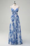 White Blue Flower Pleated Corset Long Bridesmaid Dress