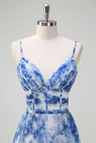White Blue Flower Pleated Spaghetti Straps Long Bridesmaid Dress