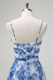White Blue Flower Pleated Spaghetti Straps Long Bridesmaid Dress