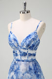 White Blue Flower Pleated Spaghetti Straps Long Bridesmaid Dress