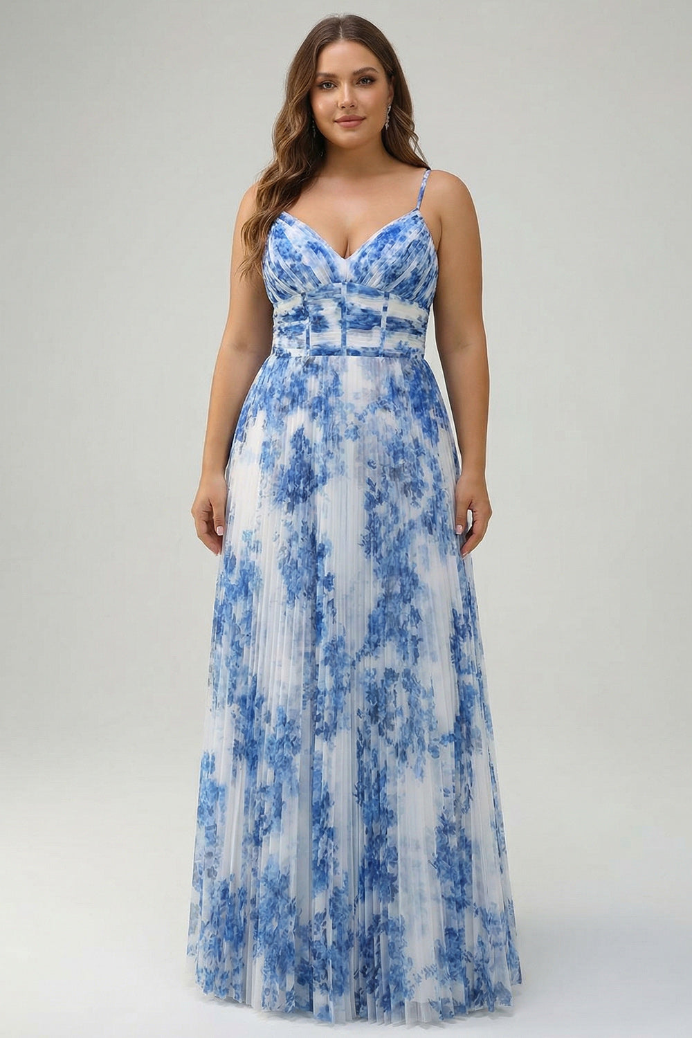 Zapakasa Women White Blue Flower A-Line Bridesmaid Dress Pleated Corset