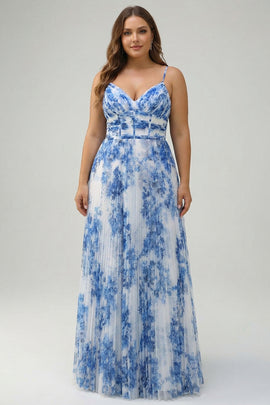 Plus Size White Blue Flower Spaghetti Straps Pleated Long Bridesmaid Dress