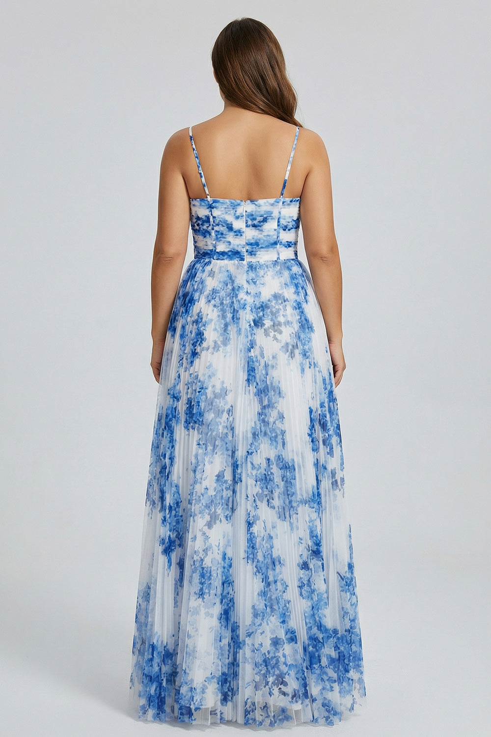 Plus Size White Blue Flower Spaghetti Straps Pleated Long Bridesmaid Dress