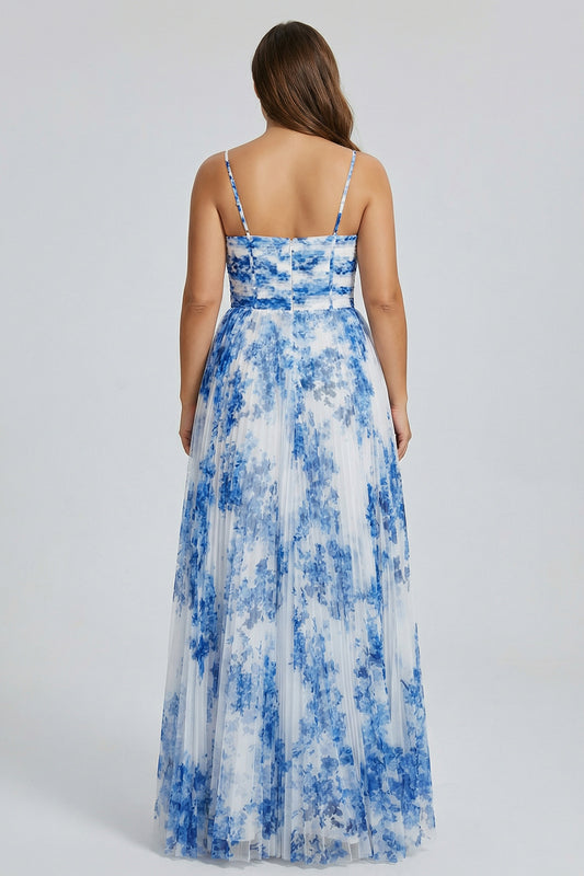 Plus Size White Blue Flower Spaghetti Straps Pleated Long Bridesmaid Dress