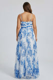 Plus Size White Blue Flower Spaghetti Straps Pleated Long Bridesmaid Dress