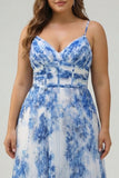Plus Size White Blue Flower Spaghetti Straps Pleated Long Bridesmaid Dress