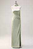 Dark Green Sheath Spaghetti Straps Satin Long Bridesmaid Dress with Slit