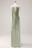 Dark Green Sheath Spaghetti Straps Satin Long Bridesmaid Dress with Slit