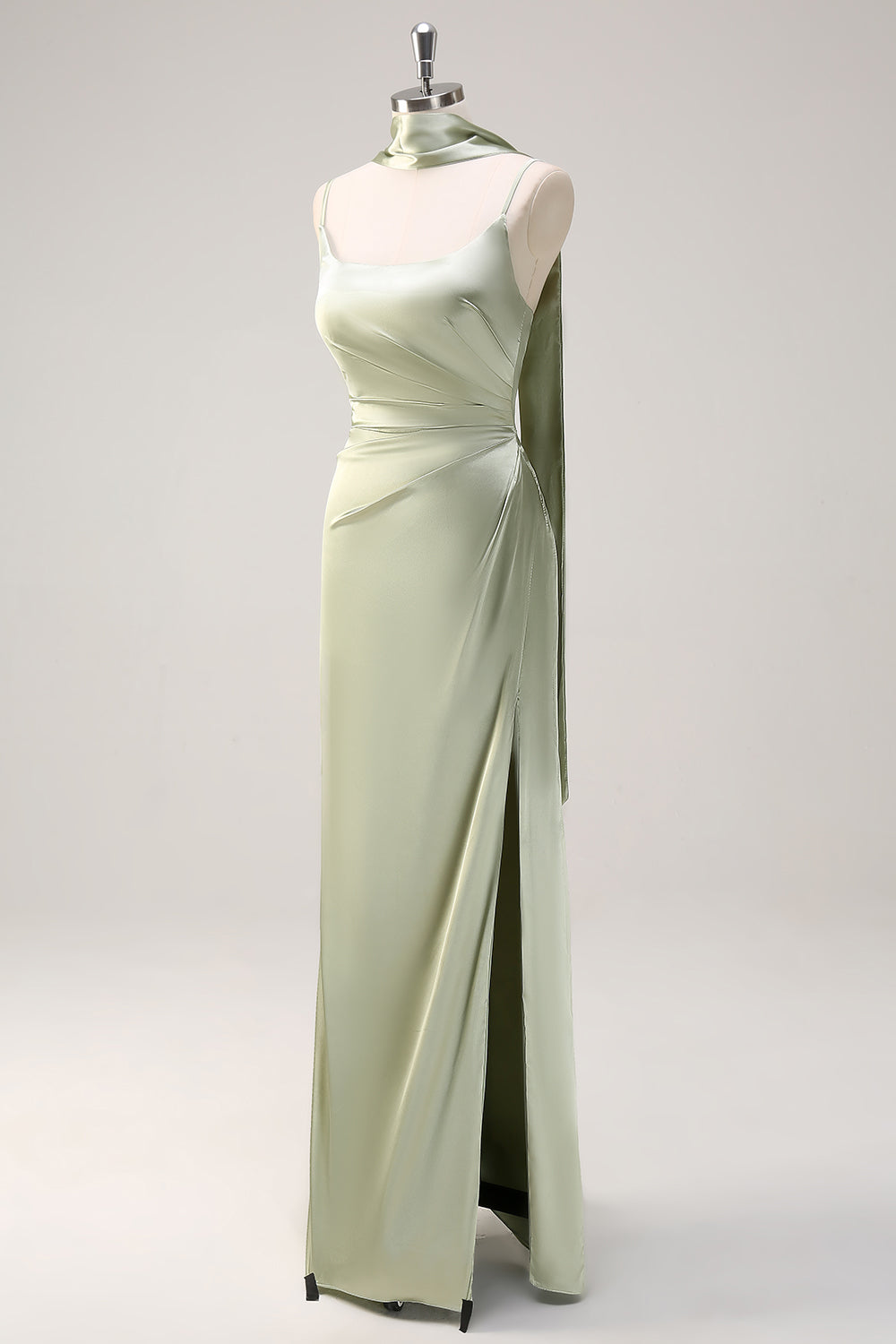Dark Green Sheath Spaghetti Straps Satin Long Bridesmaid Dress with Slit