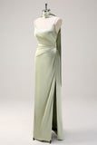 Dark Green Sheath Spaghetti Straps Satin Long Bridesmaid Dress with Slit