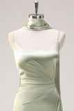 Dark Green Sheath Spaghetti Straps Satin Long Bridesmaid Dress with Slit
