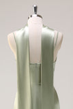 Dark Green Sheath Spaghetti Straps Satin Long Bridesmaid Dress with Slit