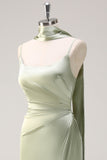 Dark Green Sheath Spaghetti Straps Satin Long Bridesmaid Dress with Slit