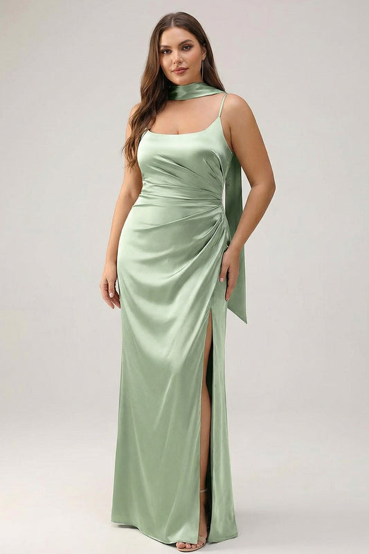 Plus Size Dusty Sage Sheath Spaghetti Straps Satin Long Bridesmaid Dress with Slit