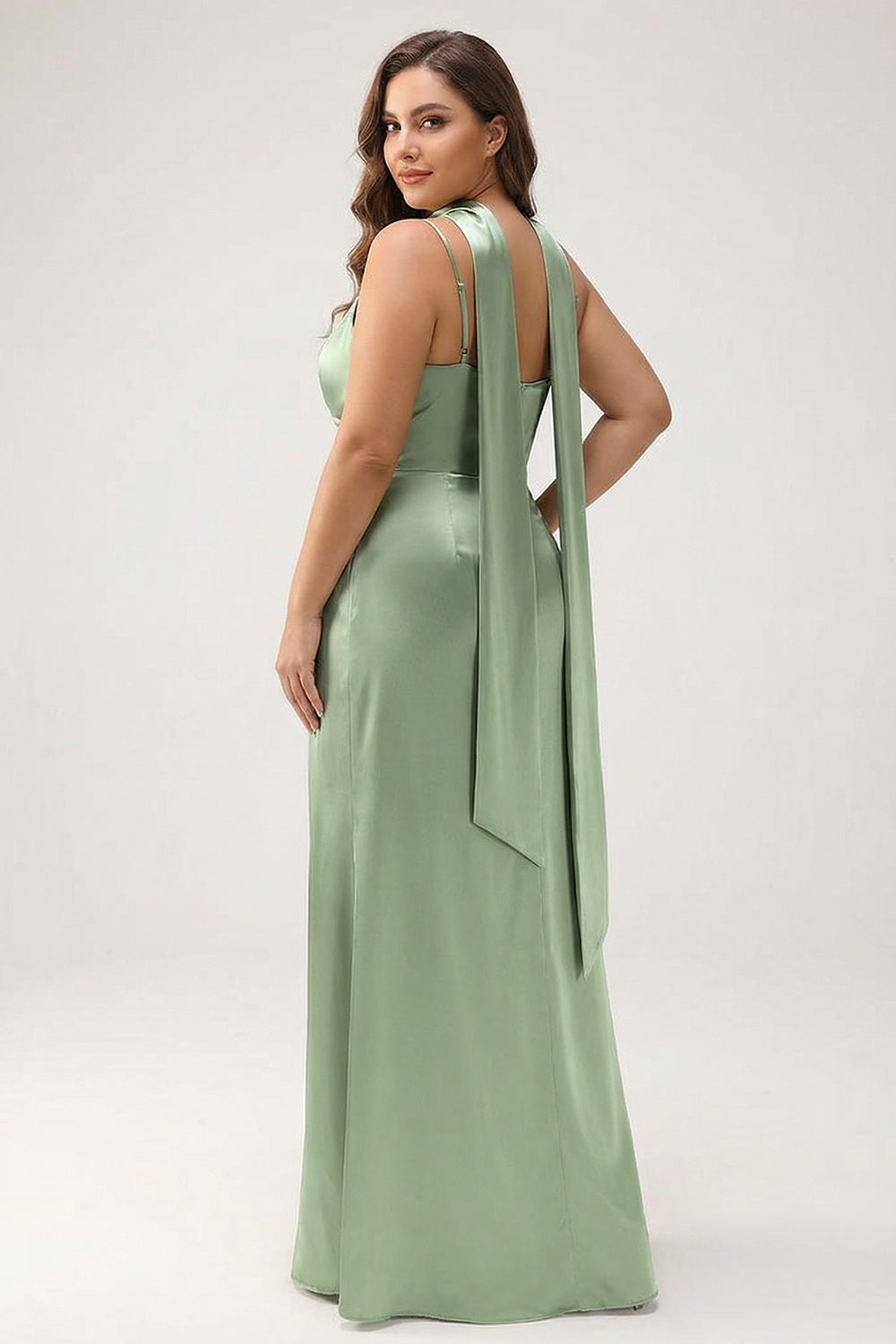 Zapakasa Women Dusty Sage Plus Size Sheath Spaghetti Straps Bridesmaid Dress Ruched Satin Wedding Guest Dress with Slit