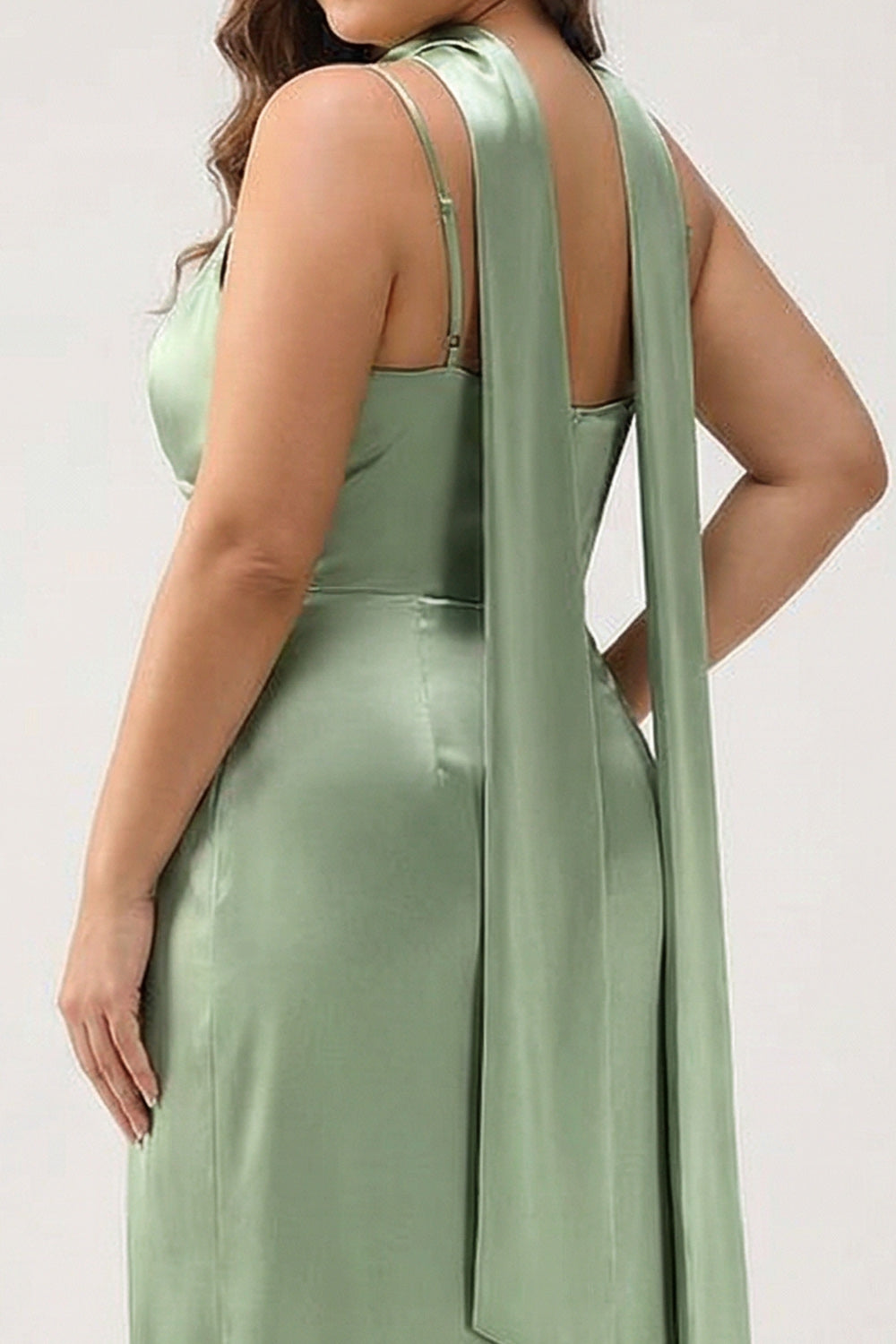Plus Size Dusty Sage Sheath Spaghetti Straps Satin Long Bridesmaid Dress with Slit