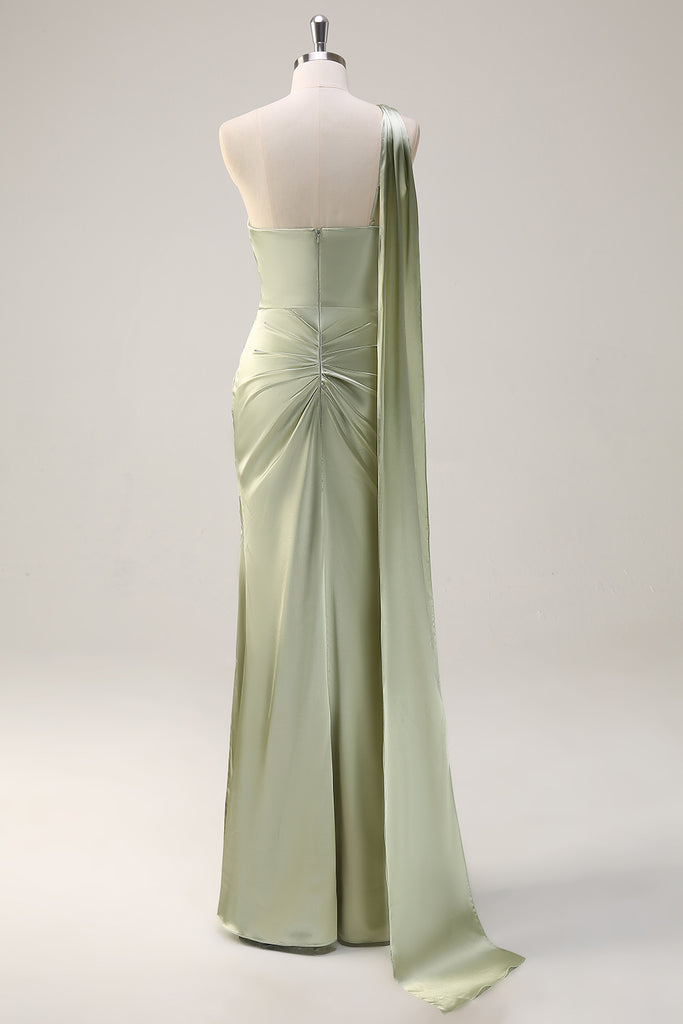Sage Green One Shoulder Sheath Satin Long Bridesmaid Dress