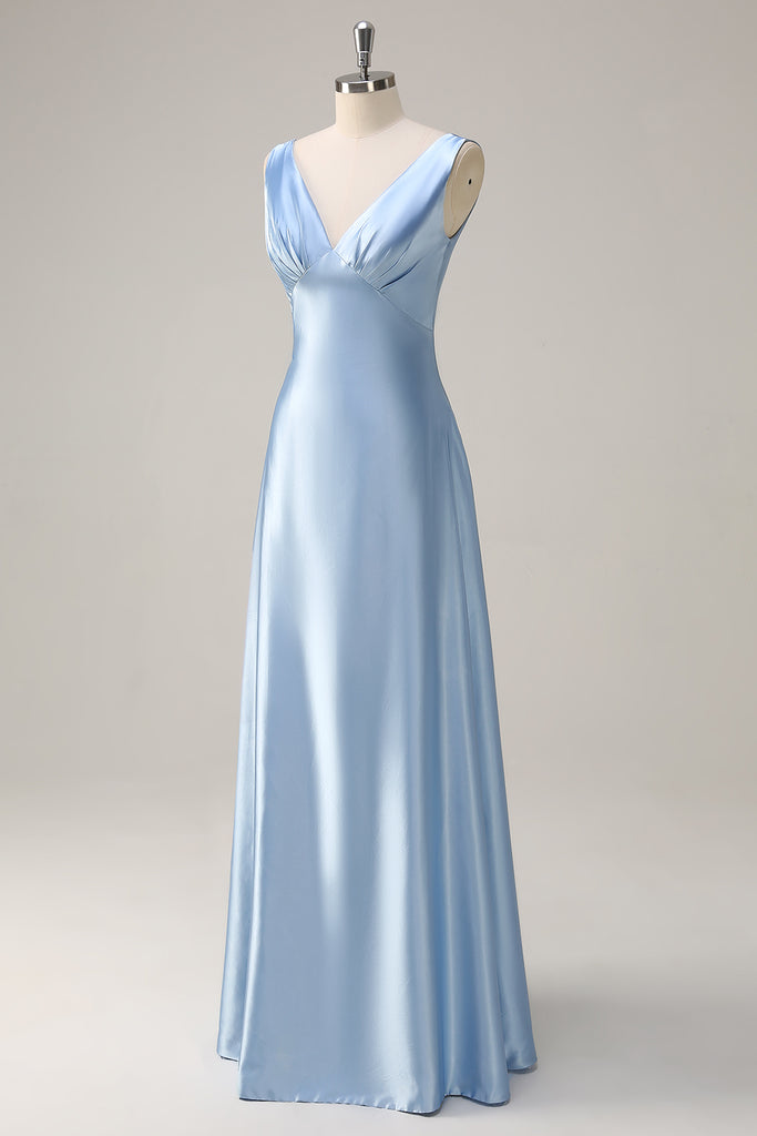 A Line Sky Blue Backless Long Bridesmaid Dress