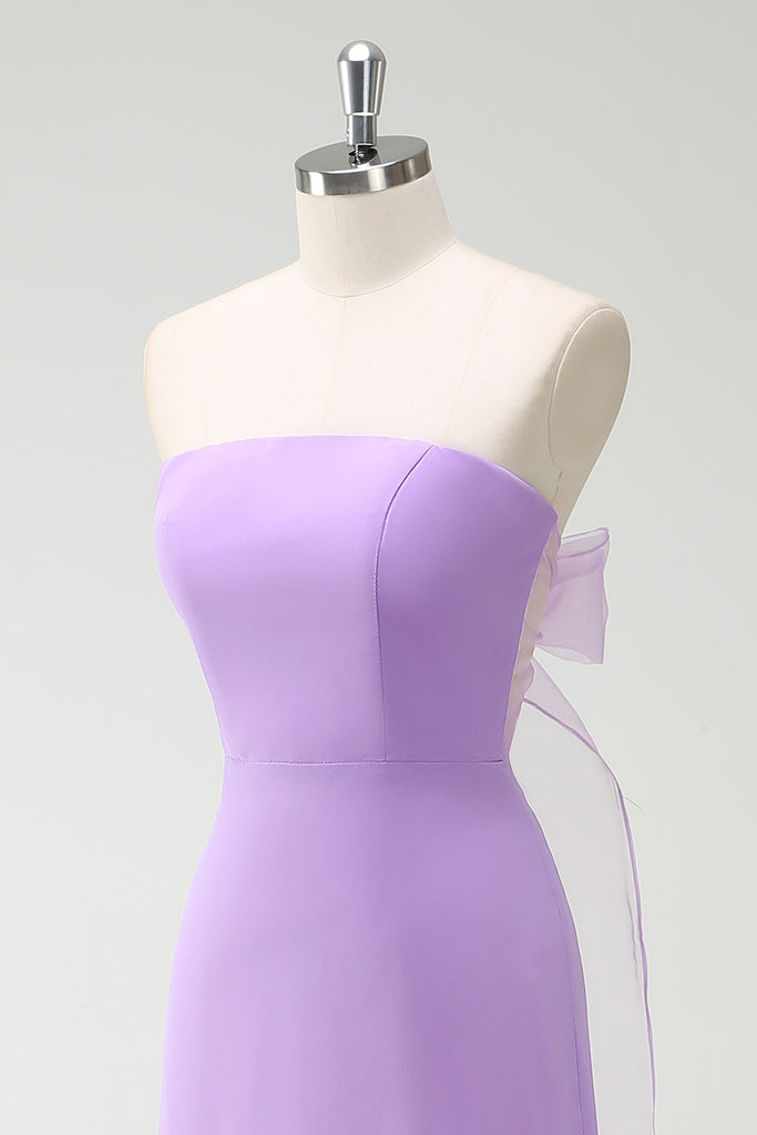 Chic Purple Strapless Satin A Line Long wedding Guest Dress Formal Birthday Party Dress SP2206