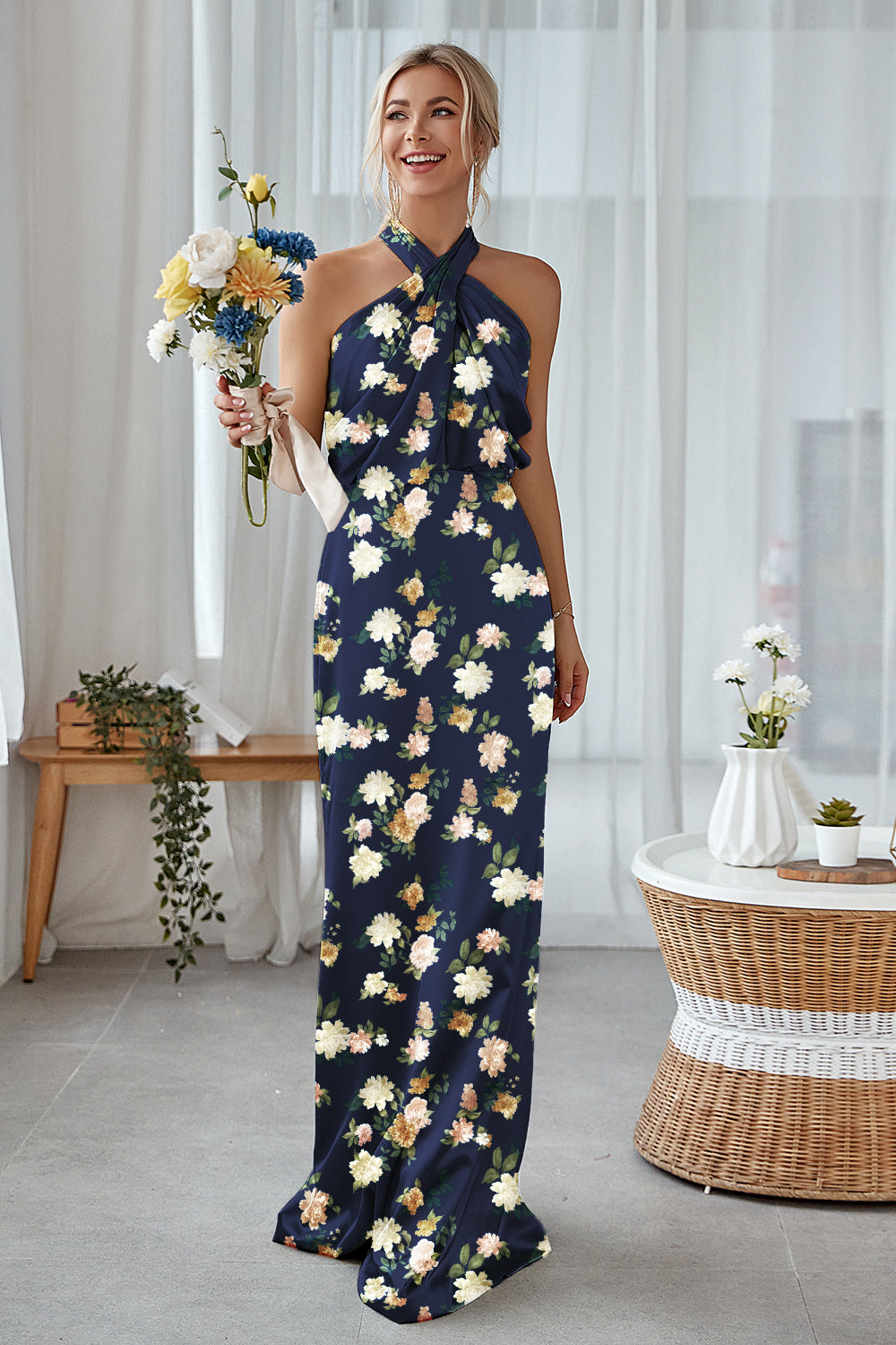 Zapakasa Women Blue White Flower Sheath Bridesmaid Dress Halter Wedding Guest Dress