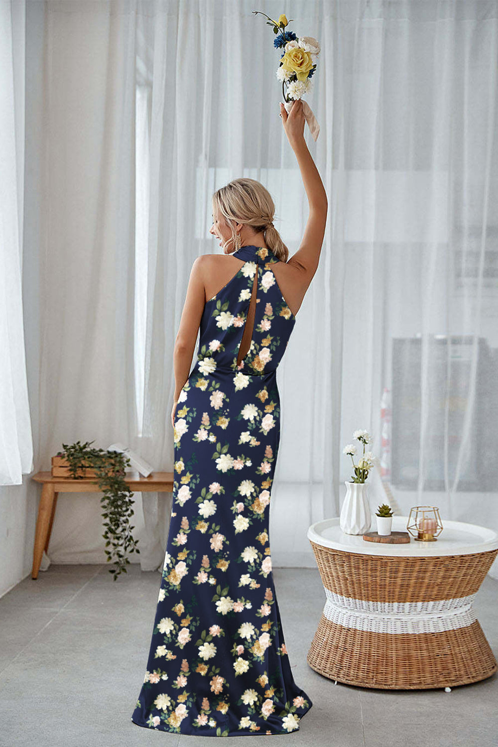 Zapakasa Women Blue White Flower Sheath Bridesmaid Dress Halter Wedding Guest Dress Zapakasa Women Blue White Flower Sheath Bridesmaid Dress Halter Wedding Guest Dress
