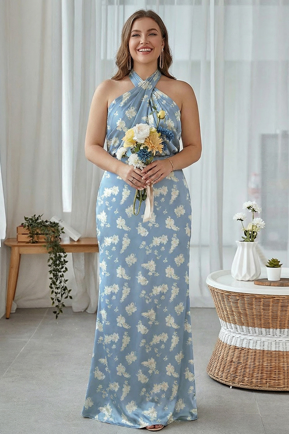Blue White Floral Plus Size Sheath Halter Long Bridesmaid Dress