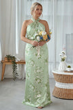 Floral Sage White Sheath Plus Size Halter Long Bridesmaid Dress