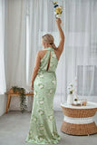 Floral Sage White Sheath Plus Size Halter Long Bridesmaid Dress