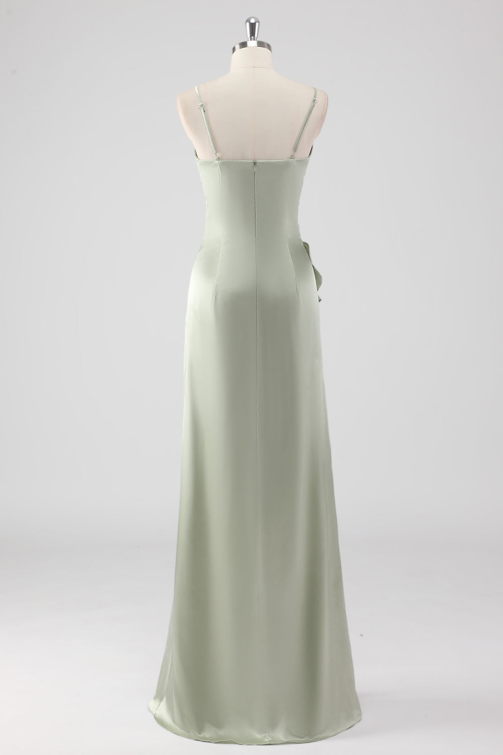 Sage Long Satin V Neck Ruffled Sheath Bridesmaid Dress
