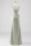 Sage Ruffled Sheath Satin Bridesmaid Dress with Slit