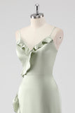 Sage Ruffled Sheath Satin Bridesmaid Dress with Slit