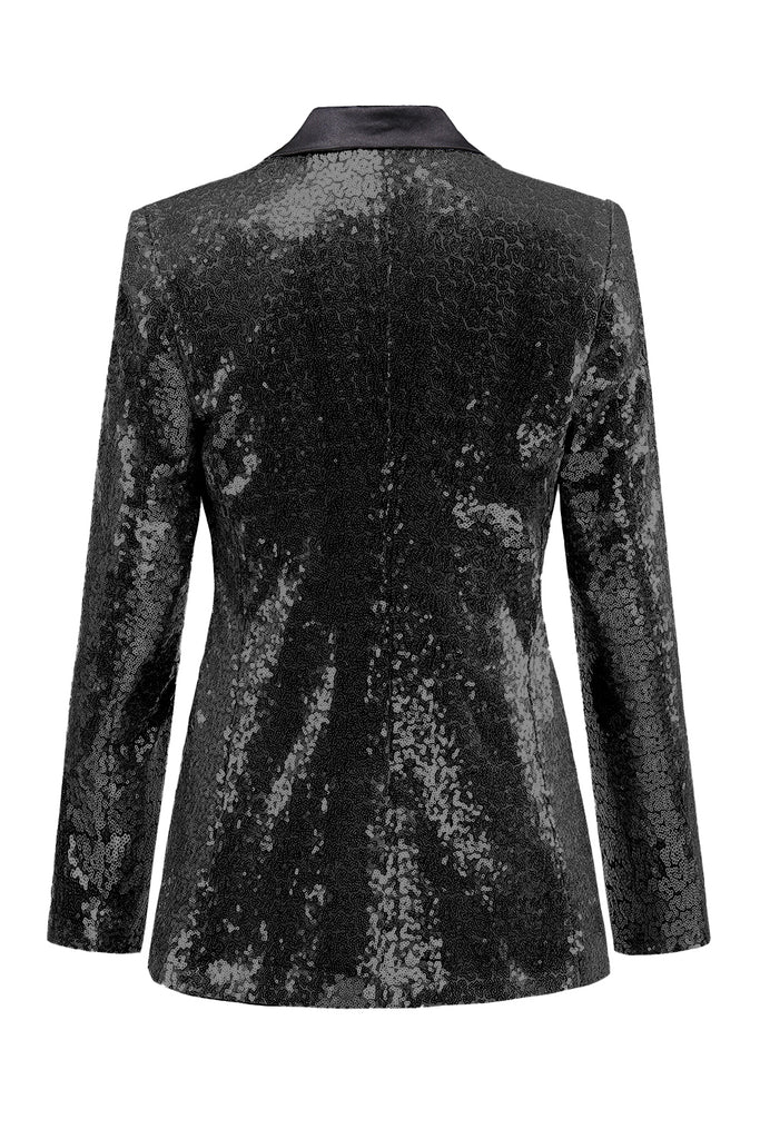 Silver Black Peak Lapel Slim Fit Women Blazer