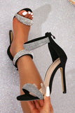 Black Rhinestone High Heels Open Toe Strappy Sandals