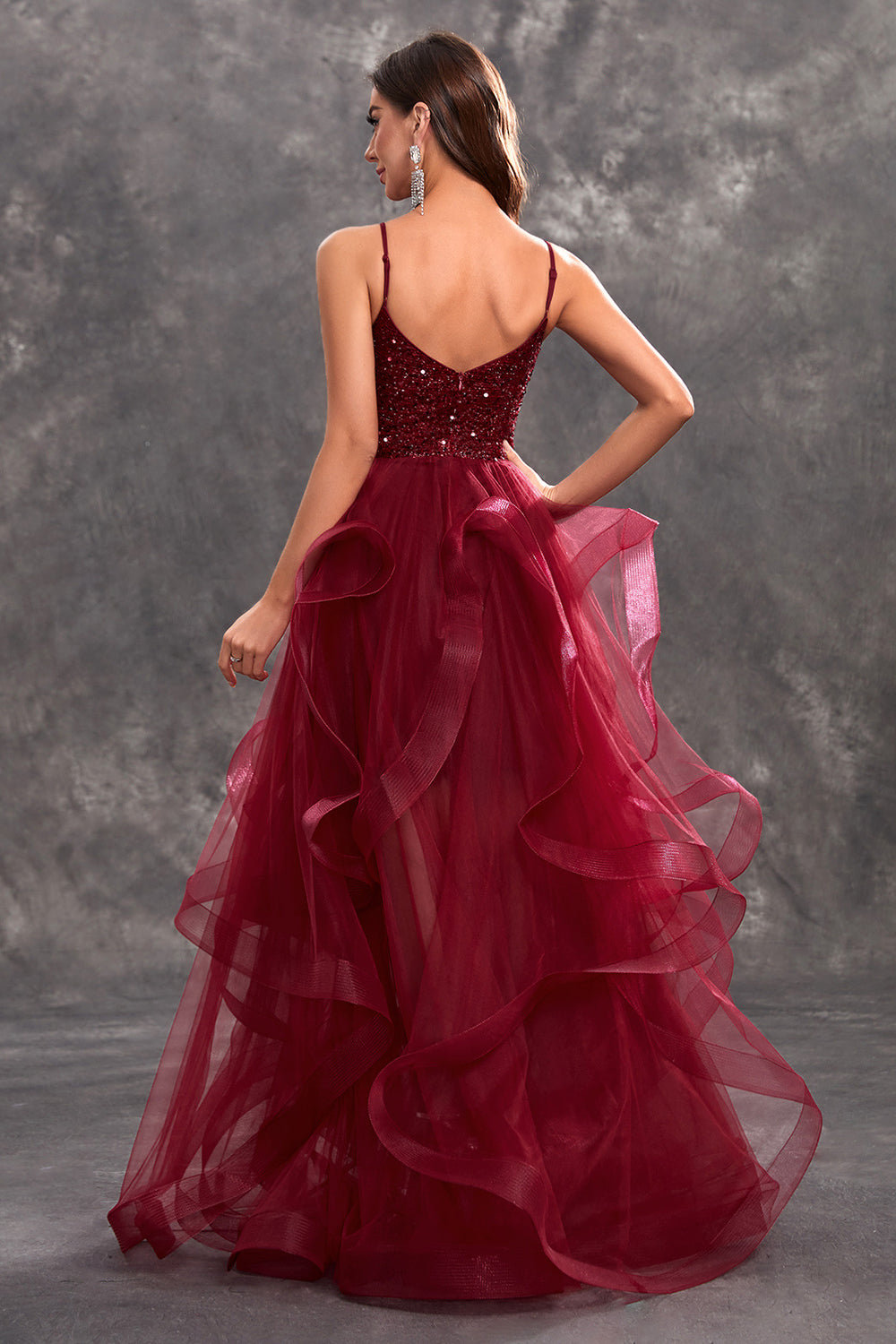 ZAPAKASA Women Sparkly Burgundy Long Prom Dress Sequins A-Line Ruffle