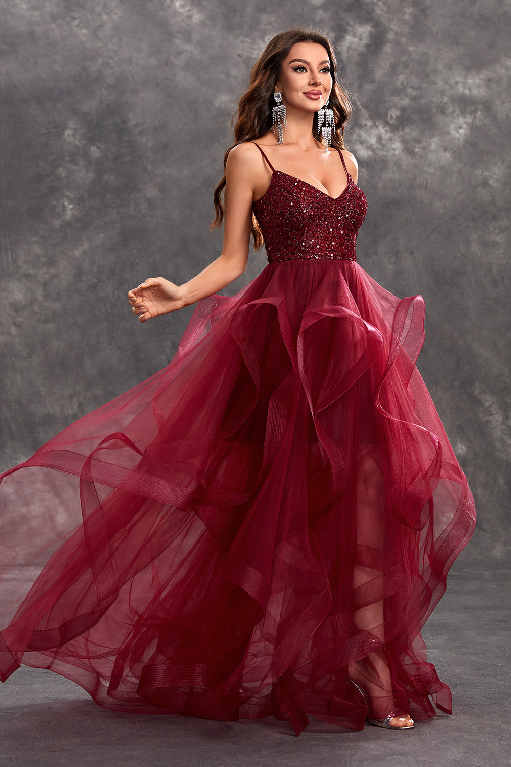 ZAPAKASA Women Sparkly Burgundy Long Prom Dress Sequins A-Line Ruffle Tiered Tulle Evening Dress ZAPAKASA Women Sparkly Burgundy Long Prom Dress Sequins A-Line Ruffle Tiered Tulle Evening Dress