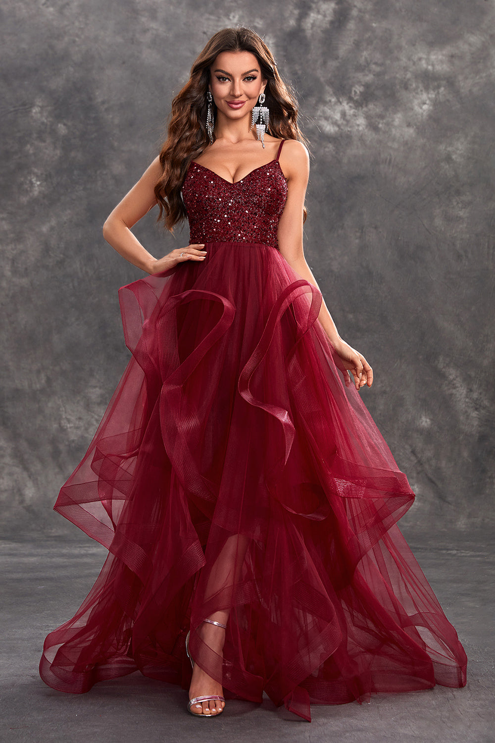 ZAPAKASA Women Sparkly Burgundy Long Prom Dress Sequins A-Line Ruffle Tiered Tulle Evening Dress ZAPAKASA Women Sparkly Burgundy Long Prom Dress Sequins A-Line Ruffle Tiered Tulle Evening Dress