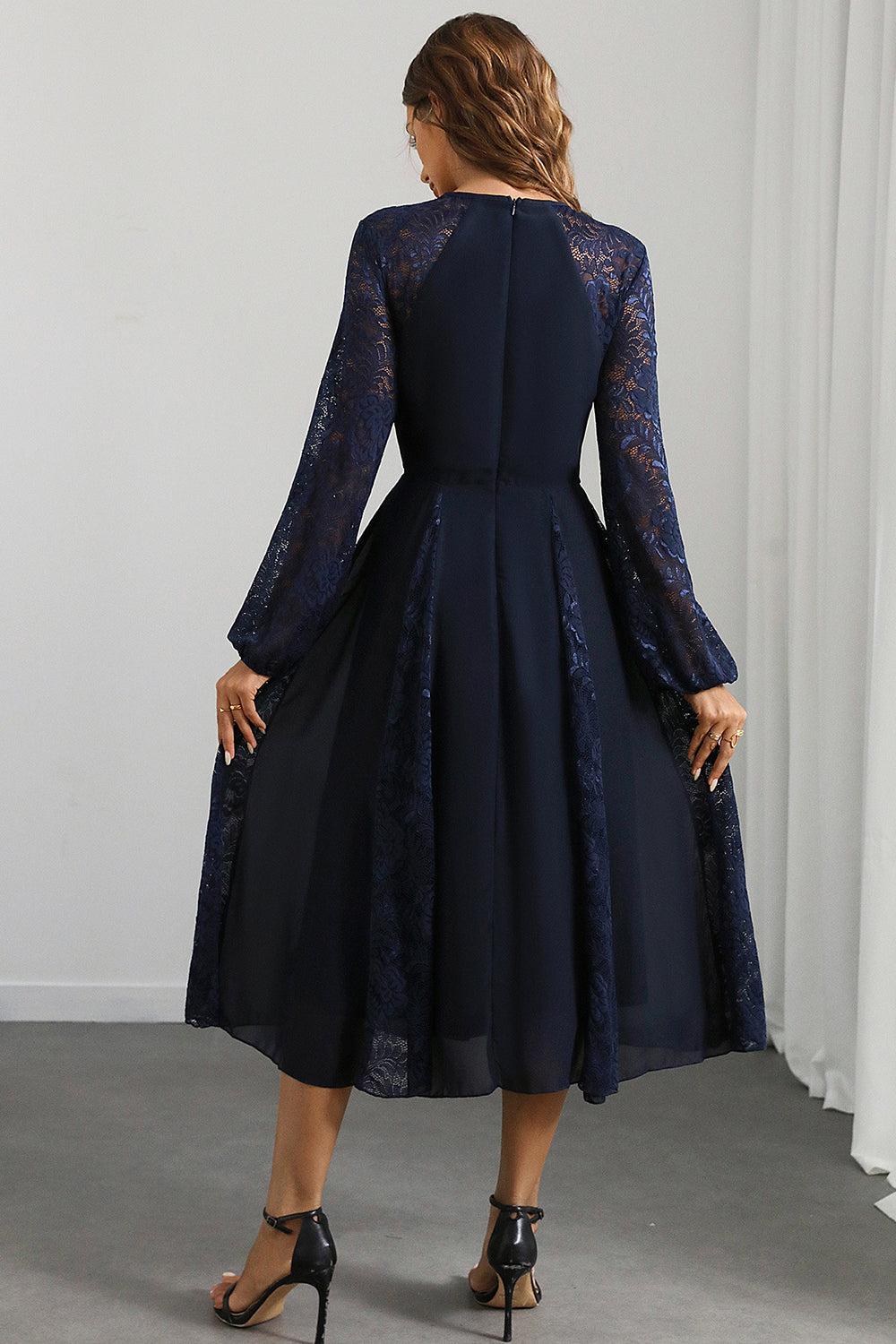 Zapakasa Women Navy Prom Dress A Line Round Neck Long Formal Dress with