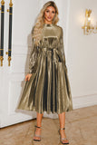 Silver A Line Pleated Long Prom Dress with Long Sleeves