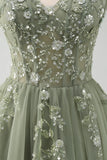 Sparkly Floral Green Corset Tulle Long Prom Dress with Lace
