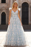 Light Blue Floral A-Line Cap Sleeves Long Prom Dress with Ruffles