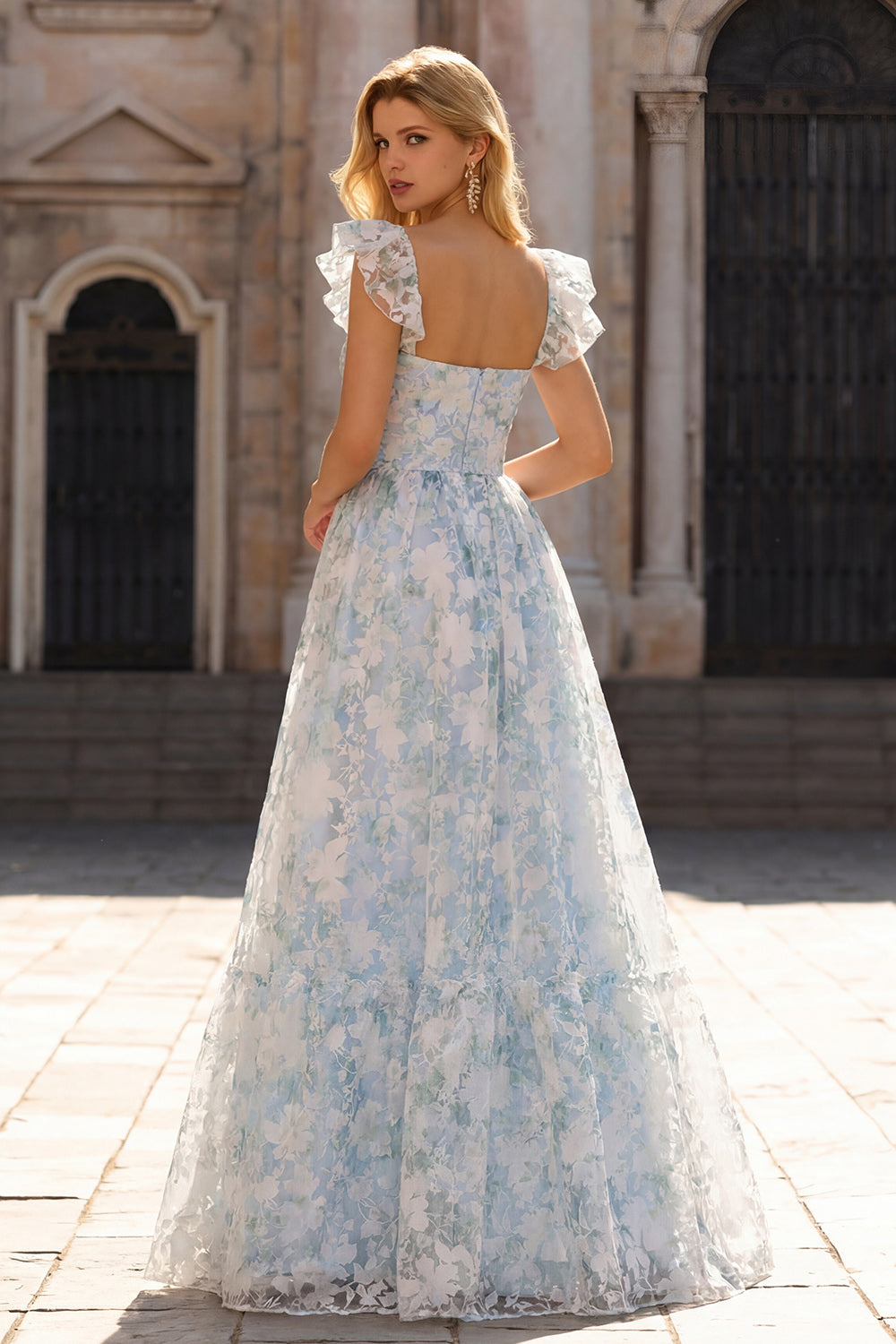 Light Blue Floral A-Line Cap Sleeves Long Prom Dress with Ruffles