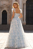 Light Blue Floral A-Line Cap Sleeves Long Prom Dress with Ruffles