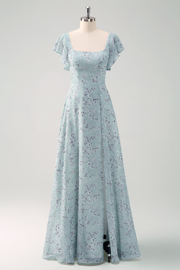 Grey Green Sheath Floral Print Long Bridesmaid Dress With Slit