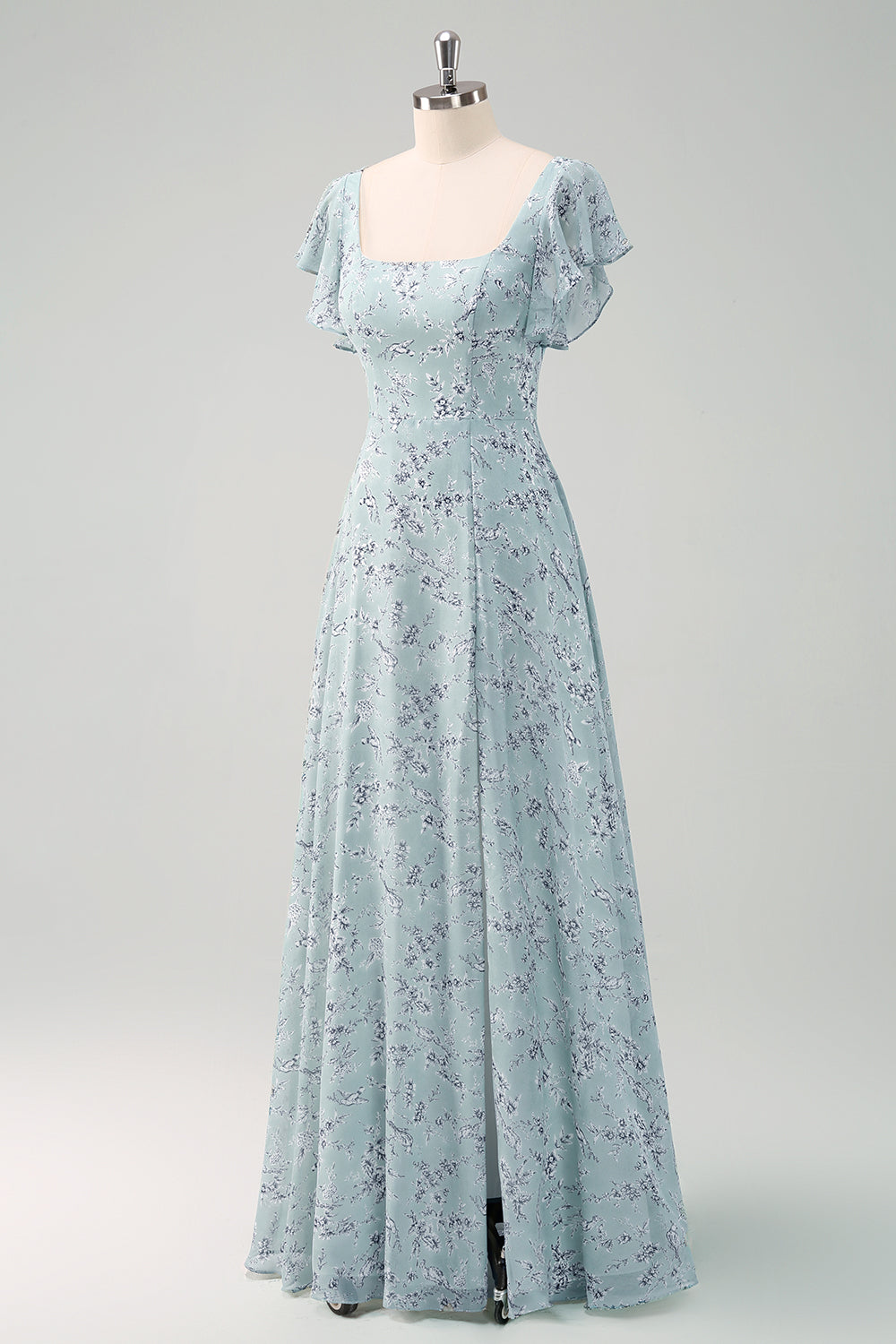 Dusty Sage Chiffon Floral Print Bridesmaid Dress with Slit